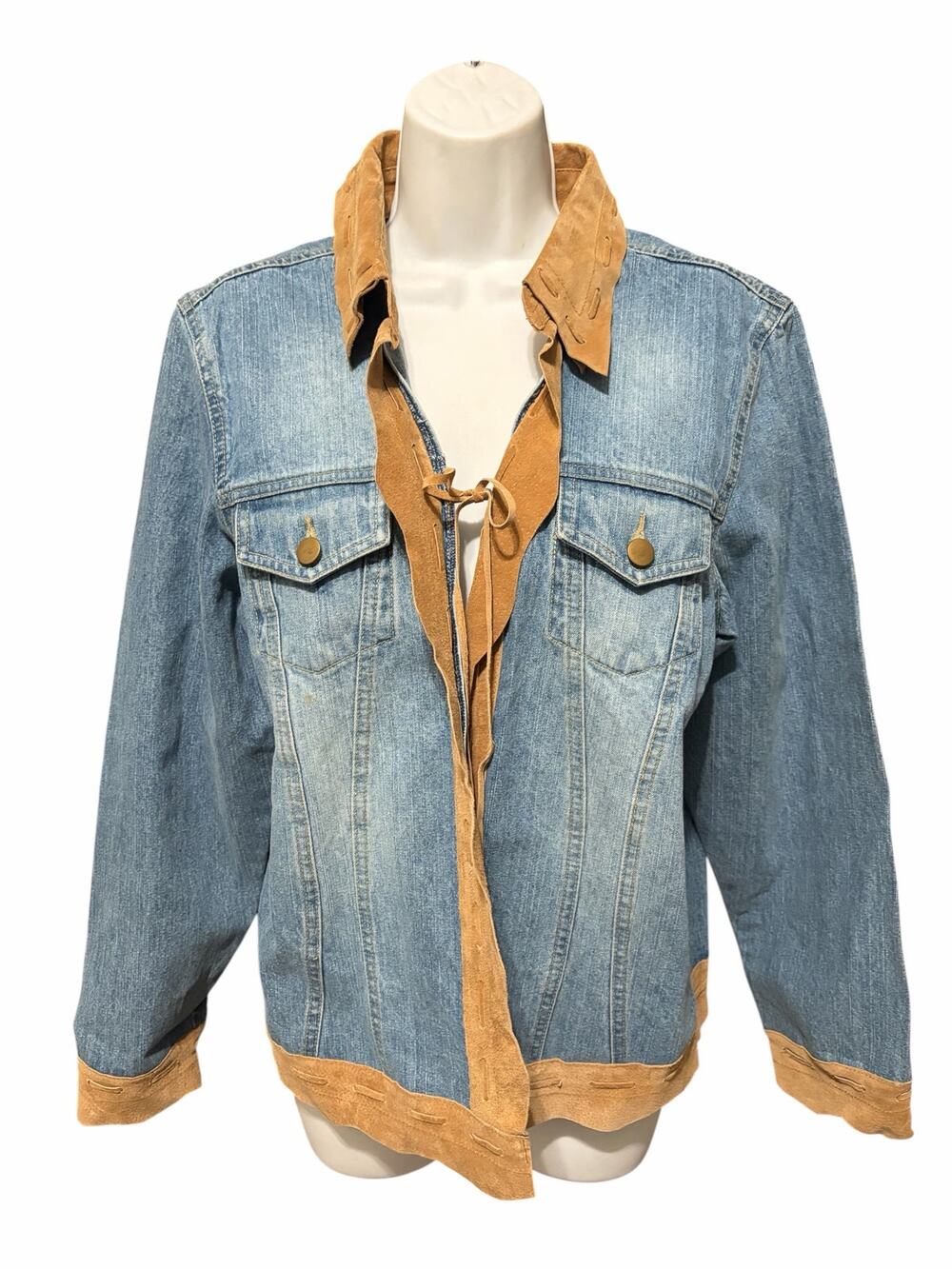 Vintage Denim & Co Denim Jacket Size M Leather Suede Trim Western Y2K Lace Up